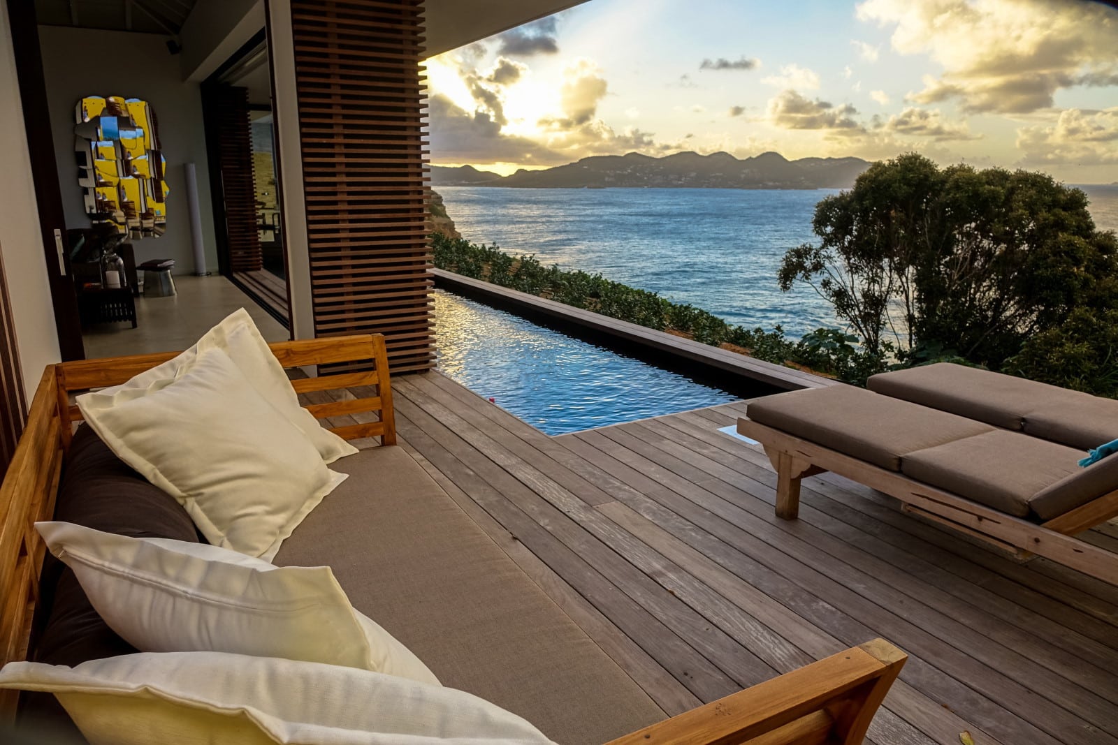 Romantic sunset view in the pool and sundeck of my villa BelAmour, St. Barths