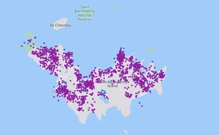 Map of all the St Barths villas listed on Airbnb and Vrbo (source: AirDNA)